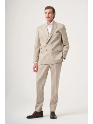 İmza Bej-Vizon Kırlangıç Yaka Çizgili Kruvaze 6 Drop Slim Fit Tam Astar Esnek Takım Elbise 1001260286