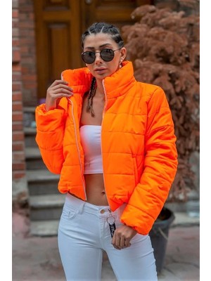 Keyifli Moda Turuncu Dik Yaka Su Geçirmez Kısa Şişme Mont