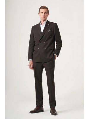 İmza Kahverengi Kırlangıç Yaka Çizgili Kruvaze 6 Drop Slim Fit Tam Astar Esnek Takım Elbise 1001260286