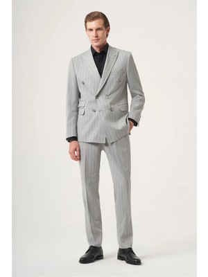 İmza Gri-Füme Kırlangıç Yaka Çizgili Kruvaze 6 Drop Slim Fit Tam Astar Esnek Takım Elbise 1001260286