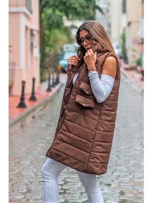 Keyifli Moda Kahverengi Dik Yaka Cep Detaylı Uzun Şişme Yelek