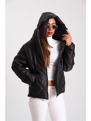 Keyifli Moda Siyah Kapüşonlu Baklava Desen Şişme Mont