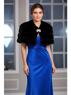 Keyifli Moda Siyah Kat Kat Broşlu Kürk Etol Bolero
