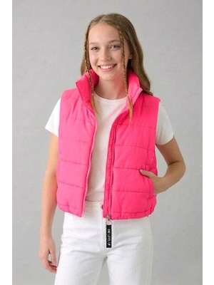 Keyifli Moda Kız Çocuk Pembe Sırtı Taş Baskılı Dik Yaka Şişme Yelek