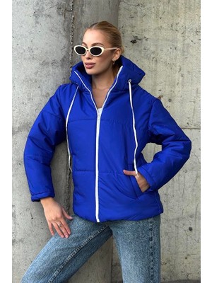 Keyifli Moda Saks Mavi Su Geçirmez Kapüşonlu Şişme Mont