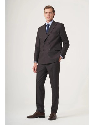 İmza Kahverengi-Bej Kırlangıç Yaka Çizgili Kruvaze 6 Drop Slim Fit Tam Astar Esnek Takım Elbise 1001260284