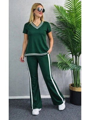 Pileli Store Kadın Kısa Kollu V Yakalı Viskon Iki Iplik Bluz ve Pantolon Ikili Takım