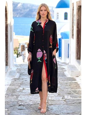 Keyifli Moda Siyah Balıklı Gömlek Elbise