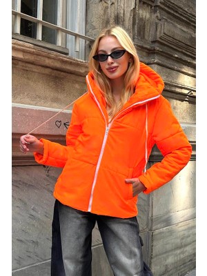 Keyifli Moda Neon Turuncu Su Geçirmez Kapüşonlu Şişme Mont