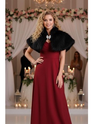 Keyifli Moda Siyah Broşlu Kürk Etol Bolero