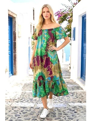 Keyifli Moda Yeşil Etnik Desenli Madonna Yaka Elbise