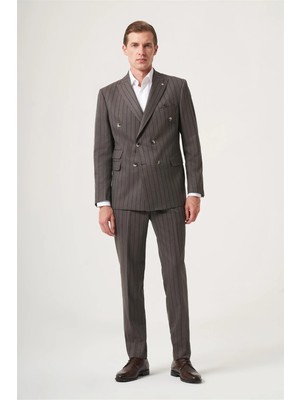 İmza Vizon-Kahverengi Kırlangıç Yaka Çizgili Kruvaze 6 Drop Slim Fit Tam Astar Esnek Takım Elbise 1001260286