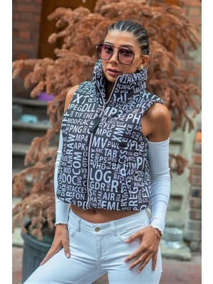 Keyifli Moda Siyah Beyaz Yazılı Dik Yaka Beli Lastikli Cepli Kısa Şişme Yelek