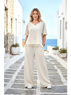 Keyifli Moda Krem Rengi Püsküllü Pantolon Bluz Ikili Takım