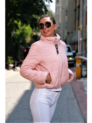 Keyifli Moda Pudra Dik Yaka Su Geçirmez Kısa Şişme Mont