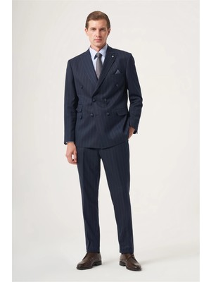 İmza Lacivert-Mavi Kırlangıç Yaka Çizgili Kruvaze 6 Drop Slim Fit Tam Astar Esnek Takım Elbise 1001260286