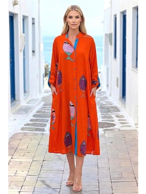 Keyifli Moda Turuncu Balıklı Gömlek Elbise