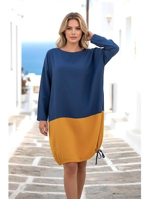 Keyifli Moda Saks Mavi Sıfır Yaka Uzun Kollu Eteği Büzgülü Cepli Bloklu Keten Elbise