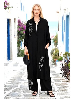 Keyifli Moda Siyah Çiçek Nakışlı Gömlek Elbise Pantolon Takım
