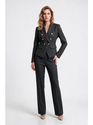 Ekol Kadın Kruvaze Blazer Ceket Çentikli Yaka Metal Düğme Detaylı Takım Ceket