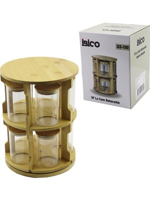 Store 10 Pcs Yuvarlak - Döner Standlı Cam - Bambu Kapak Tuzluk - Baharatlık Bambu Stand
