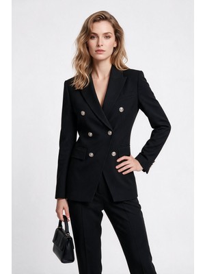 Ekol Kadın Kruvaze Çentikli Yaka Blazer Ceket Metal Düğme Detaylı