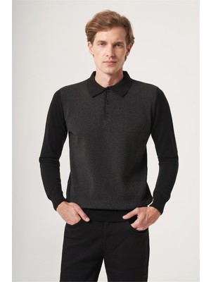 İmza Siyah-Füme Polo Yaka Uzun Kol Örme Comfort Fit Pamuklu Kazak 1012265153