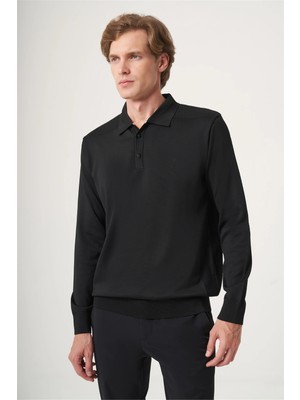 İmza Siyah Polo Yaka Uzun Kol Örme Comfort Fit Pamuklu Kazak 1012265159