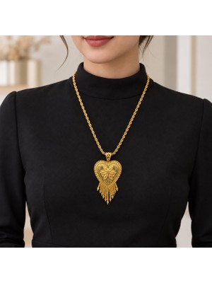 Kadın Gold Kalp Motifli Püsküllü Hint Kolyesi, Uzun Burgu Zincirli Etnik Kolye 60+5 cm