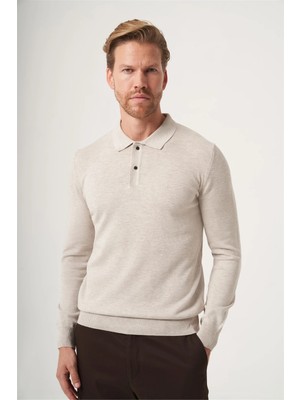İmza Bej Polo Yaka Uzun Kol Örme Comfort Fit Pamuklu Kazak 1012265150