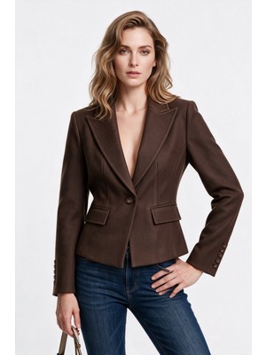 Ekol Kadın Çentikli Yaka Tek Düğmeli Blazer Ceket Yün Karışımlı