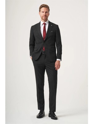 İmza Siyah Mono Yaka Çizgili 6 Drop Slim Fit Tam Astar Esnek Takım Elbise 1001260149