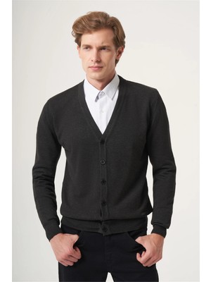 İmza Füme V Yaka Uzun Kol Örme Comfort Fit Pamuklu Hırka Triko 1012265016