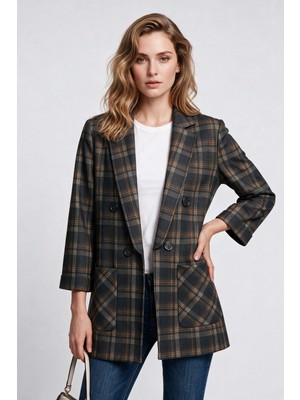 Ekol Kadın Ekose Desenli Kruvaze Blazer Ceket Üç Çeyrek Kol Detaylı