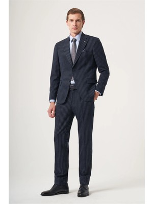 İmza Lacivert Mono Yaka Çizgili 6 Drop Slim Fit Tam Astar Esnek Takım Elbise 1001260149