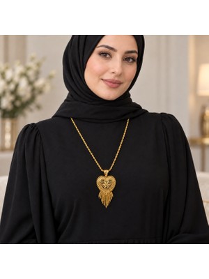 Kadın Gold Renk Çiçek Desenli Kalp Motifli Püsküllü Hint Işi Uzun Kolye 60+5 cm