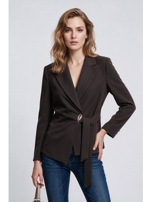 Ekol Kadın Çentikli Yaka Kuşak Detaylı Uzun Kollu Blazer Ceket