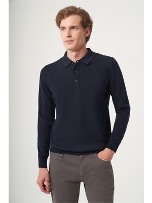 İmza Lacivert Polo Yaka Uzun Kol Örme Comfort Fit Pamuklu Kazak 1012265007