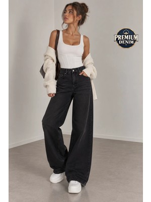 Vadon 1058 Kadın Yüksek Bel Baggy Fit Jean Pantolon Siyah