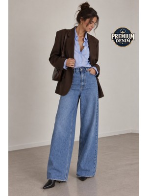 Vadon 1057 Kadın Yüksek Bel Pis Geniş Paça Wide Leg Jean Pantolon Mavi