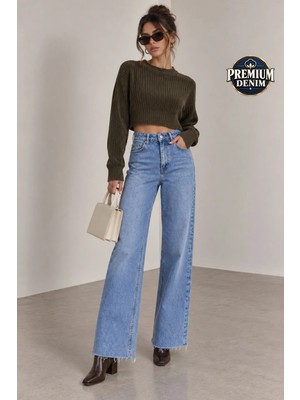 Vadon 1056 Kadın Yüksek Bel Pis Paça Wide Leg Jean Pantolon Mavi