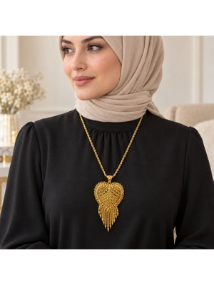 Kadın Gold Renk Kalp Motifli Püsküllü Halat Zincir Uzun Hint Kolyesi 60+5 cm