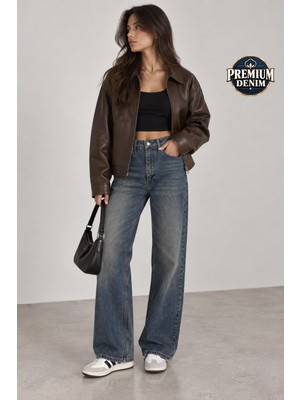 Vadon 1053 Kadın Yüksek Bel Tint Yıkamalı Straight Fit Düz Paça Jean Pantolon Mavi