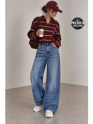 Vadon 1058 Kadın Yüksek Bel Baggy Fit Jean Pantolon Mavi
