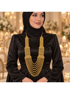 Kadın Gold Renk 8 Sıralı Madonna Kolye – Urfa Akıtması Düğün ve Kına Gerdanlığı