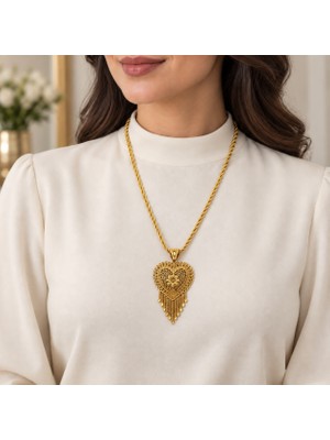 Gold Renk Kalp Motifli Püsküllü Taşsız Hint Işi Halat Zincir Kadın Kolye 60+5 cm