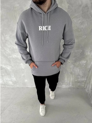 Pileli Store Uzun Kol Kapüşonlu Göğüs Baskılı Sweatshirt - Gri