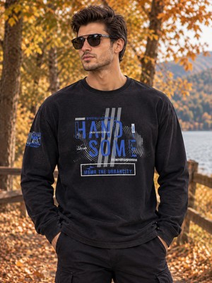 Masimar Erkek Bisiklet Yaka Basic Baskılı Sweatshirt