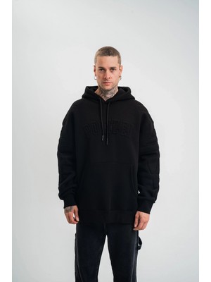 Pileli Store Double Oversize Kapşonlu Nakışlı Sweatshirt - Siyah