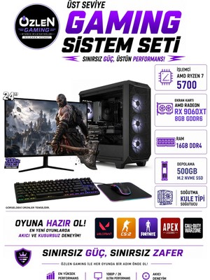 Özlen X93 RYZEN 7 5700 RX 9060 XT 8GB 16GB RAM 500GB M.2 SSD 24'' Full HD 200Hz Oyuncu Bilgisayarı